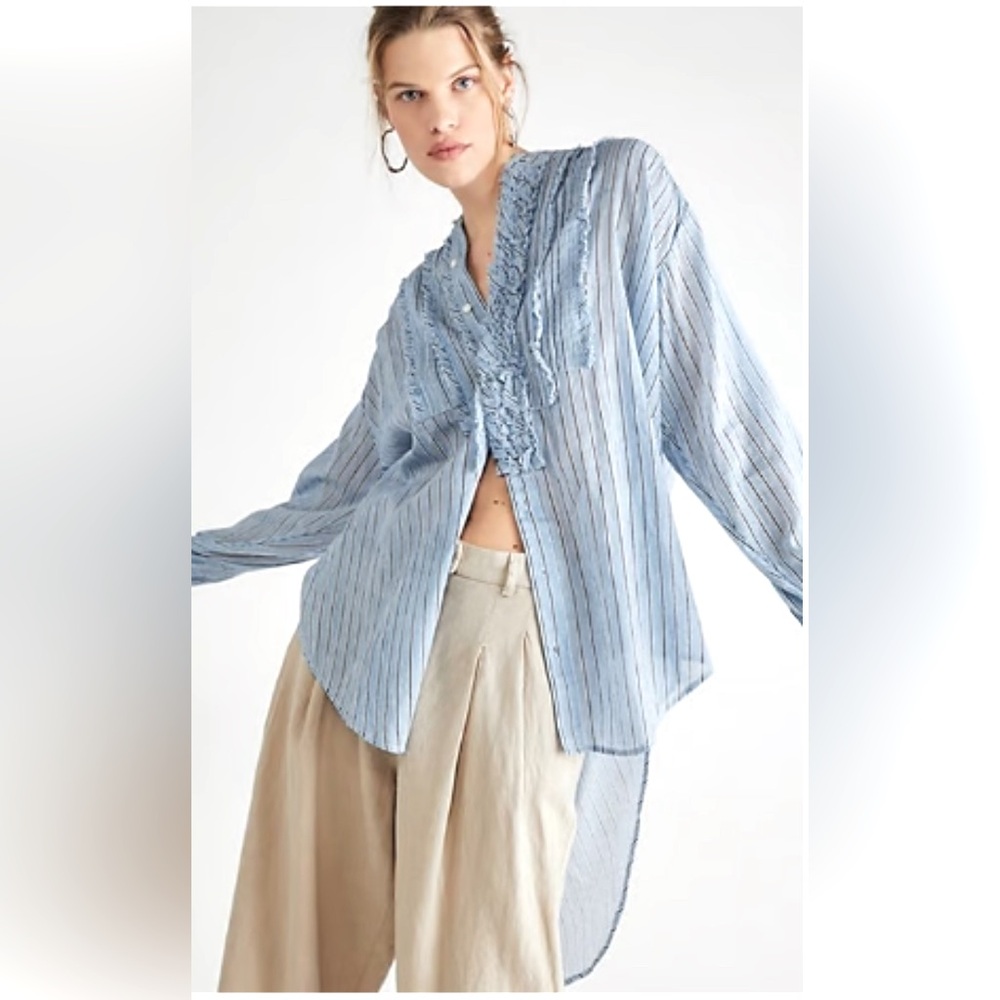 Free People FP One Montana Ruffled Stripe Button Down Shirt Blouse, Blue, Sz XS